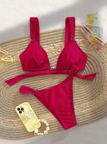 Bonvoyette Bộ đồ bơi bikini 2 mảnh màu trơn gợi cảm đi biển mùa hè cho nữ - Đỏ - Xem 7