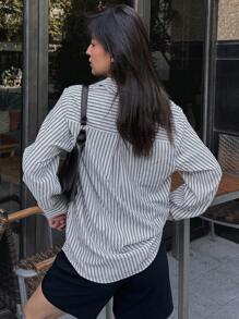 DAZY Casual Spring/Summer Striped Loose Long Sleeve Lapel Collar Blouse For Women,Fall Clothes Preppy Tops - White - View 2