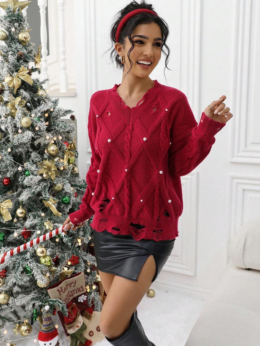 Chiquease Women's Simple V-Neck Faux Pearl Knitted Sweater, Solid Color Casual For Everyday Wear, Suitable For Autumn And Winter For New Year Fall - Red - View 1