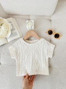 SHEIN LMoss Kids LMoss Young Girl Solid Color Jacquard Knit Round Neck Fitted Cropped T-Shirt