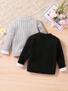 SHEIN 最便宜的年轻女孩买 1 送 1 2 件/套年轻女孩针织纯色立领保暖休闲 T 恤套装，秋冬，非常适合休闲和日常穿着和学校日常、学院风格、返校、派对 - 黑色 - 查看 2