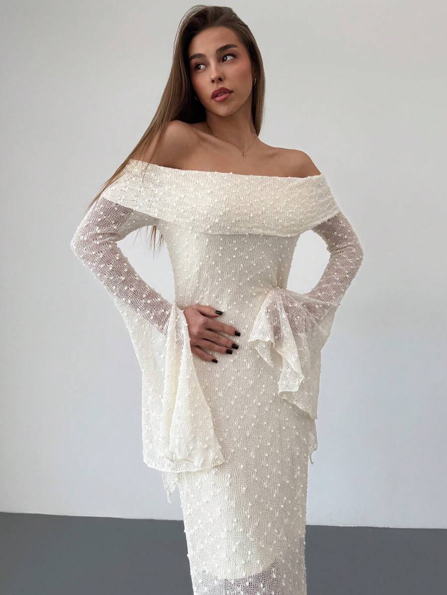Aloruh Women's Off-Shoulder Textured Fabric Extra Long Flare Sleeve Elegant Knitted Dress, Autumn/Winter - Apricot - View 1