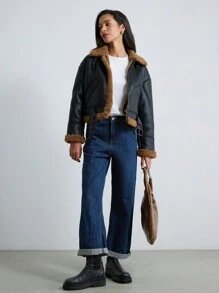 Aveloria Modichic New Autumn/Winter Women PU Leather Short Faux Shearling Thermal Lined Jacket, Women Leather Jacket Faux Leather Aviator Jacket With Borg Lining 