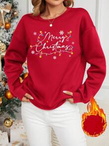 Muchica 圣诞快乐休闲简约圣诞灯泡手写文字印花宽松厚圆领长袖连帽衫女式运动衫 - 紅色 - 查看 6
