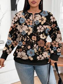 SHEIN LUNE Casual Minimalist Loose Fit Half-Zip Plus Size Sweatshirt, Suitable For Autumn/Winter - Black - View 4