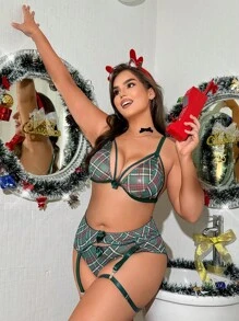 5pcs Plus Size Sexy Plaid Wireless Lingerie Set, For Christmas - Multicolor - View 1