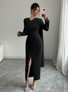 Elenzga 1pc Design Sense V-Neck Flared Sleeve Fitted Slit Dress Maxi Women Outfit - Black - View 4