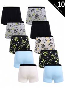 10pcs Cotton Boxer Brief For Tween Boys, Bright Colored Smiling Face Print, Homecoming Clothes