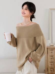 DAZY Oversize Off-Shoulder Knitted Sweater Top, Unique Design Long Sleeve Casual Pullover For Women Off Shoulder Sweater,Fall Clothes - Camel - View 1