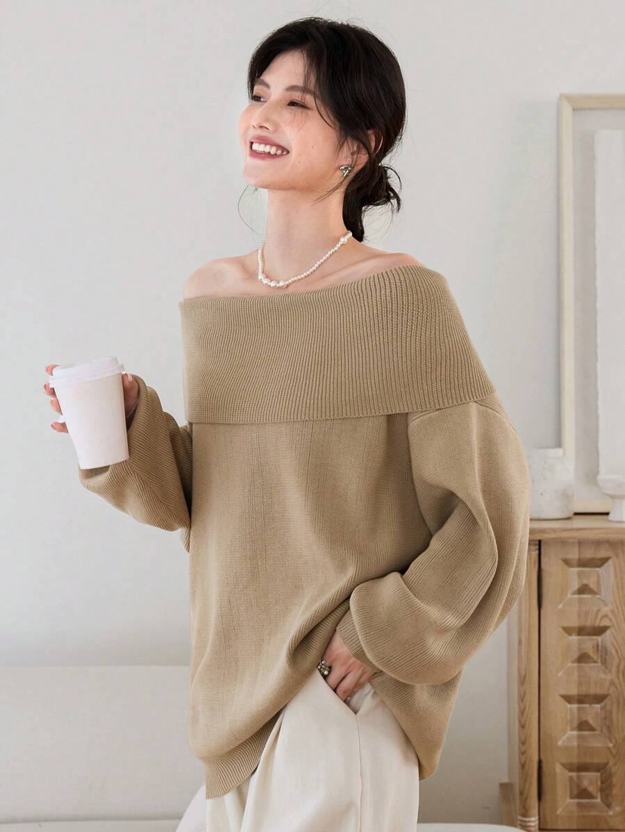 DAZY Oversize Off-Shoulder Knitted Sweater Top, Unique Design Long Sleeve Casual Pullover For Women Off Shoulder Sweater,Fall Clothes - Camel - View 1