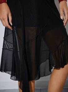 Easelle 优雅黑色不对称下摆网眼 A 字裙，秋季