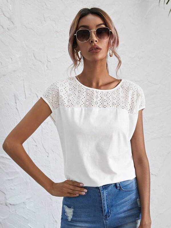 EMERY ROSE Top unicolor con malla schiffy