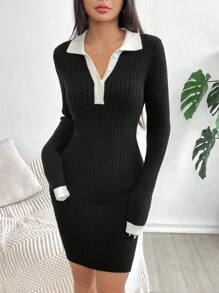 Flirla Váy bó tay dài cổ polo màu đơn giản SHEINSweetro-D dành cho bé gái - Đen và trắng - Xem 1