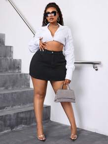 SHEIN SXY Plus Size Women Non-Stretch Black Denim Sexy Mini Skirt, Fashionable & Versatile