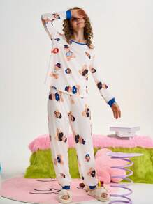 可爱熊卡通女士睡衣套装 - 彩色 - 查看 4