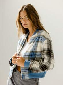 Aralina 经典格子图案拉链罗纹领袖飞行员开衫