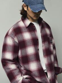DAZY Men's Plaid Pattern Print Pocket Patched Casual Long Sleeve Shirt,Fall Clothes