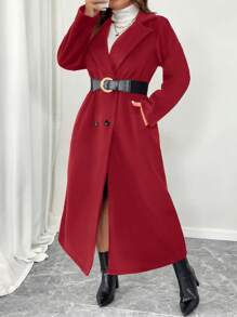 SHEIN Unity Plus Size Women's Double-Breasted Notched Collar Casual Elegant Long Overcoat For New Year Clothes, For Winter - Red - View 3