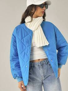 Forever 21 New Winter Peacock Blue Quilted Casual Warm Padded Long Sleeve Jacket - Teal Blue - View 4