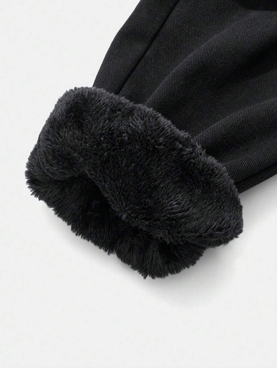 SHEIN 青少年男童时尚休闲黑色牛仔裤，内衬保暖，工装口袋设计，宽松裤腿，适合感恩节、日常穿着以及秋冬季节穿着。 - 黑色 - 查看 1