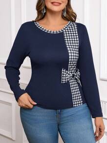 SHEIN Clasi 黑白对比千鸟格复古优雅长袖弹性针织曲线修身 T 恤，大码女款