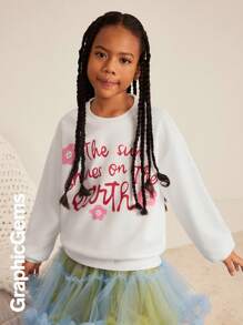 Tween Girl Slogan & Floral Print Round Neck Drop Shoulder Loose Casual Sweatshirt, Autumn/Winter