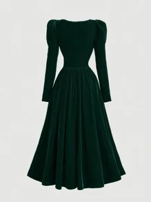 SHEIN MOD Women's Olive Green Velvet Dress, Halloween Costume, Christmas Outfit