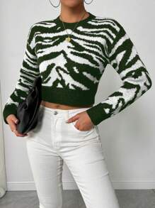 SHEIN Unity Casual Zebra Pattern Cropped Sweater For Autumn/Winter Knit Pullover Fall - Dark Green - View 5