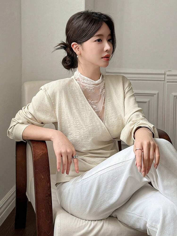 Women's Contrast Lace Oblique Collar Ruched Front High Neck Long Sleeve Blouse,Fall Clothes