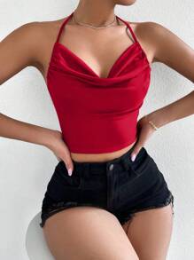 Chiquease Top halter sin espalda con cuello drapeado de unicolor y sexy para ropa de Año Nuevo - Rojo - Ver 5