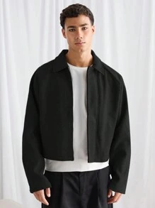 Manfinity VCAY 男士宽松休闲翻领长袖夹克，适合秋冬季 - 黑色 - 查看 1