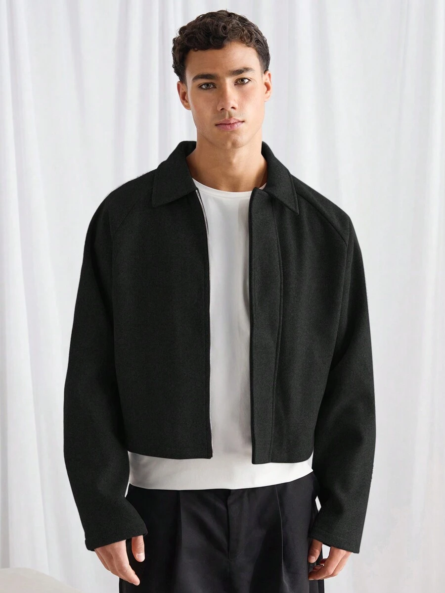 Manfinity VCAY 男士宽松休闲翻领长袖夹克，适合秋冬季 - 黑色 - 查看 1