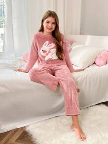 SHEIN Leap Crew Tween Girls' Cute Rabbit Embroidery Crew Neck Long Sleeve Pajama Set With Soft Plush Lining, 2pcs, For Autumn/Winter
