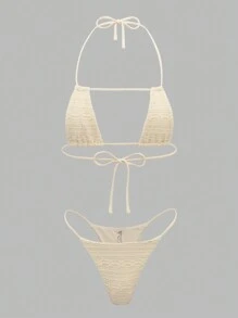 Swim EVENT Bộ 4 chiếc/Bộ đồ bơi bikini tam giác mỏng ren màu trơn mùa hè - Màu be - Xem 4