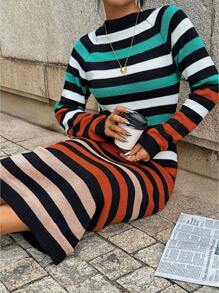 SHEIN Clasi Women Elegant Colorblock Striped Knitted Long Dress Maxi Sweater Dress Fall Cloth For Women