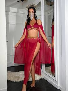 5件情人节女士无钢圈文胸内衣套装 - 酒紅色 - 查看 3