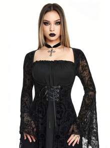 ROMWE Goth 万圣节哥特式植绒和花卉印花网眼撞色系带高腰女式连衣裙 - 黑色 - 查看 2