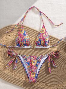 SHEIN Swim 2 件套女士格子印花比基尼套装，带珍珠装饰前抽绳，夏季 - 彩色 - 查看 6