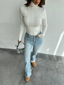 Firerie Women's Elegant Casual Collegiate Style Vintage White Turtle Neck Cable Knit Ribbed Fitted Sweater, Autumn/Winter New Arrival