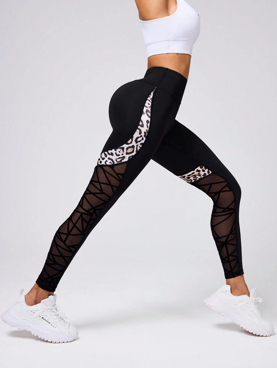 Easithlete 女士豹纹与几何网眼撞色休闲健身运动长裤 - 黑色 - 查看 1
