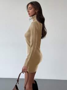 Aloruh New High Collar Comfortable Warm Underlayer Versatile Coffee Color Knit Short Bodycon Sweater Dress - Camel - View 3