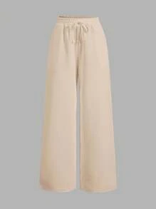 SHEIN EZwear 2pcs Women's Casual Solid Color Wide Leg Sweatpants - Khaki - View 3