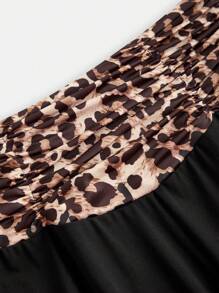 SHEIN Girlism Teen Girl Teenag Black With Brown/Knitted/Solid Color With Leopard Print/High Waist/Ruffle/Gathered/Flared Pants/Casual - Black - View 3