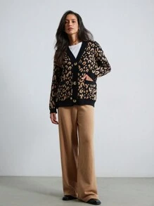 Aveloria Modichic 2pcs Vintage Commuter Leopard Jacquard Open-Front Cardigans, Oversized Color Block Solid Color Warm Sweaters For Women Oversized Cheetah Print Sweater 