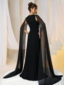 SHEIN Belle 女士奢华针织黑色拼色腰部镶宝石 A 字形正式晚礼服礼服提花连衣裙情人节连衣裙情人节连衣裙黑色鸡尾酒会礼服女士圣诞节黑色晚礼服正式派对礼服秋冬黑色性感网眼长袖伴娘礼服，优雅舞会礼服，适合婚礼嘉宾，毕业典礼，晚宴 - 黑色 - 查看 2