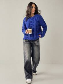 Forever 21 Áo len trễ vai màu trơn dáng rộng thoải mái cho nữ, mùa thu/đông - Màu xanh lam - Xem 6