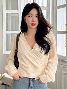 DAZY Women's Elegant V-Neck Cross-Wrapped Long Sleeve T-Shirt, Solid Color Design, New For Autumn,Fall Women Clothes - White - View 12