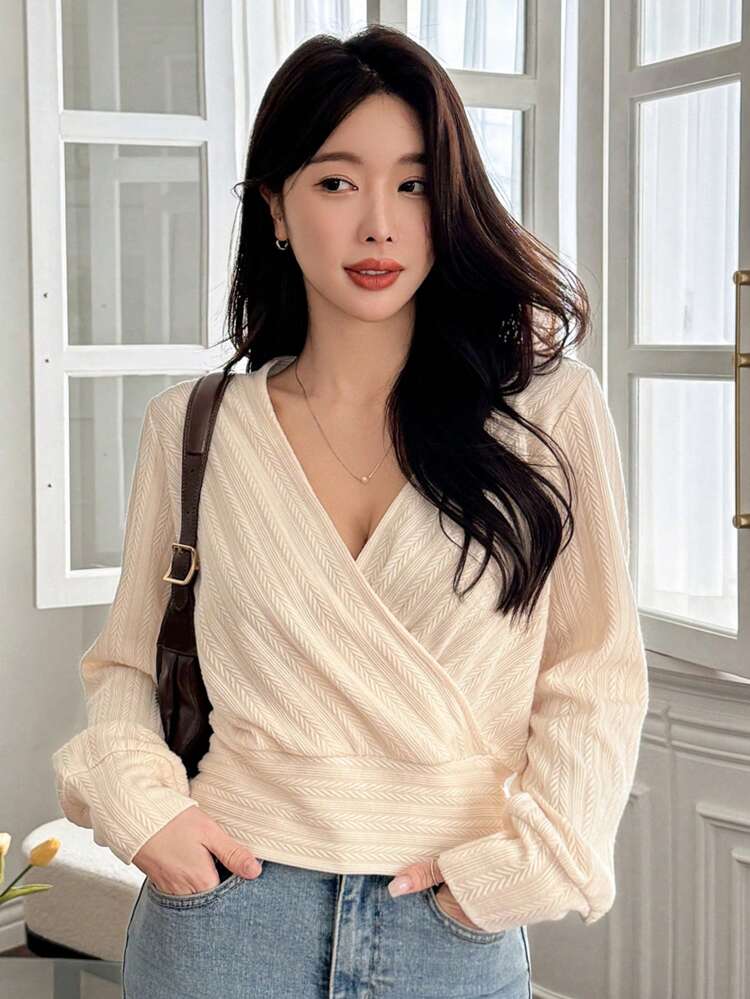 Women's Elegant V-Neck Cross-Wrapped Long Sleeve T-Shirt, Solid Color Design, New For Autumn,Fall Women Clothes