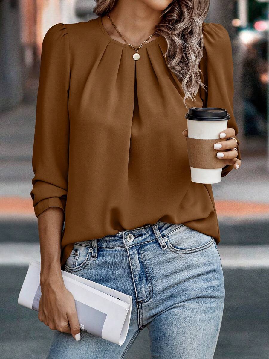SHEIN Clasi Áo cánh tay bồng màu trơn giản dị mùa thu - Màu nâu  Mocha - Xem 1