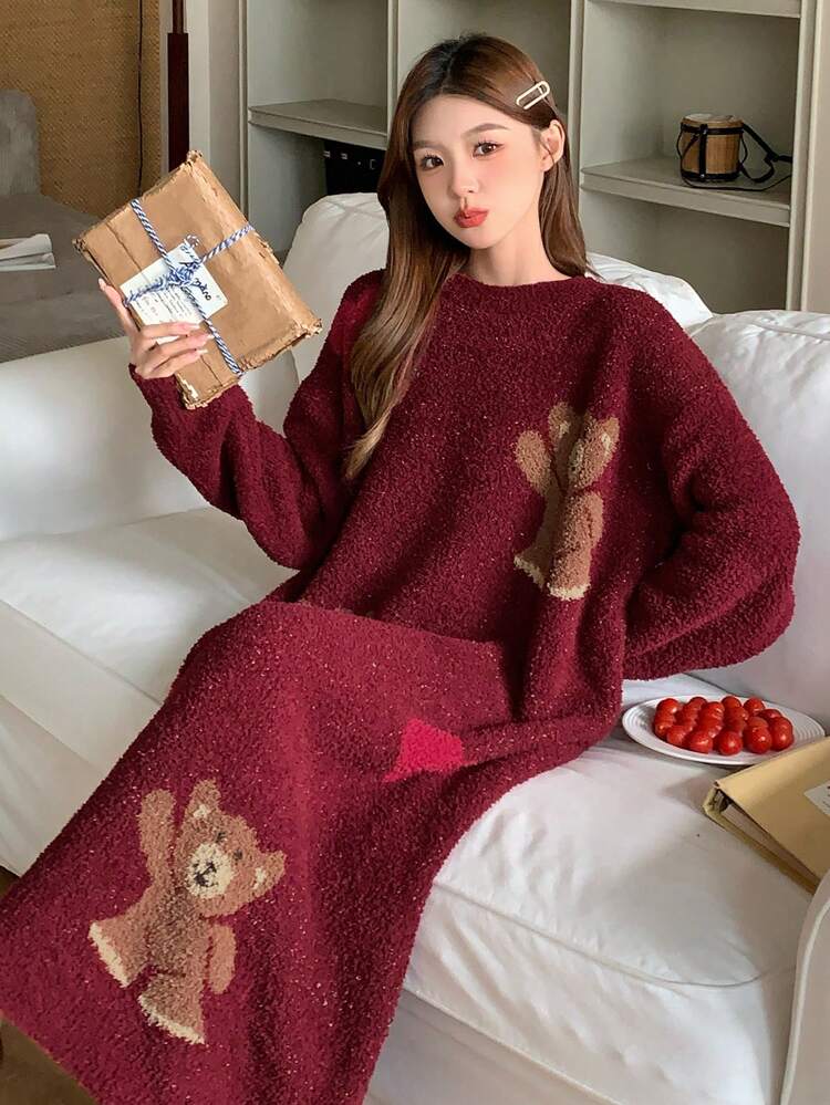 Warm Knitted Bear & Heart Pattern Loose Nightgown, Winter Pajama, Fall Red Women Dresses Christmas